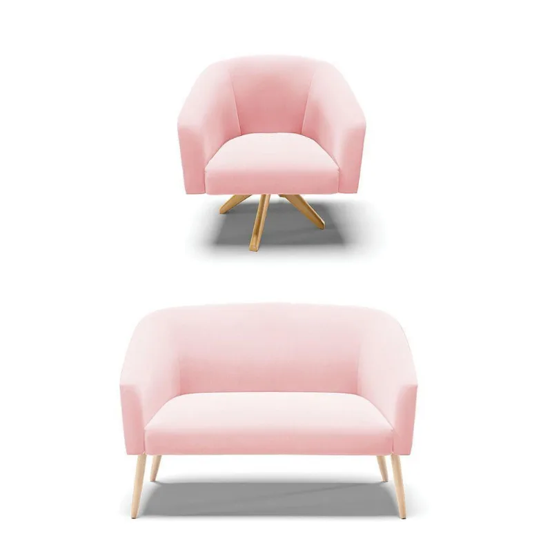 Kit 1 Namoradeira Pés Palito E Poltrona Rosa Bebê Madeira