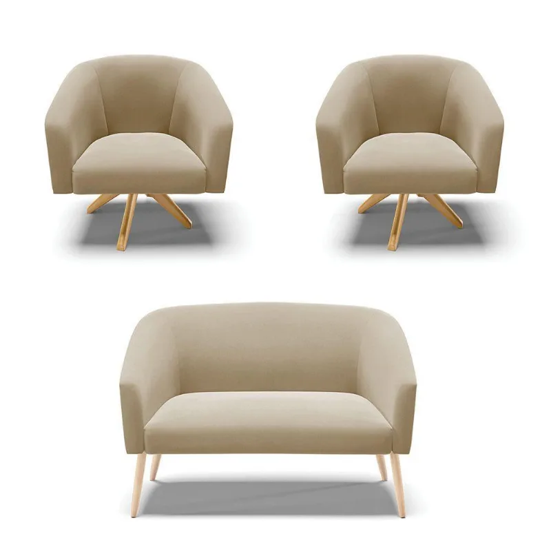 Kit 1 Namoradeira Pés Palito E 02 Poltronas Marrom Rato