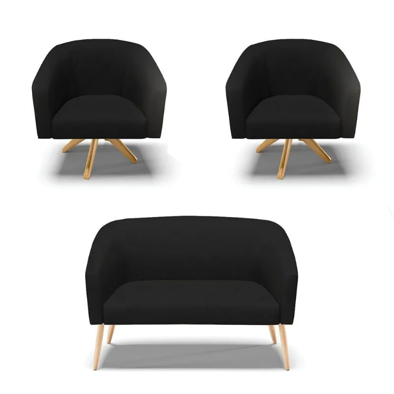 Kit 1 Namoradeira Pés Palito E 2 Poltronas Preto Madeira