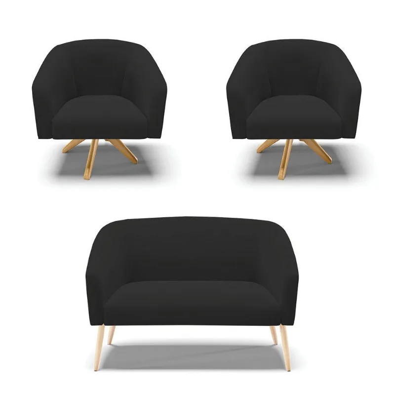 Kit 1 Namoradeira Pés Palito E 2 Poltronas Preto Madeira