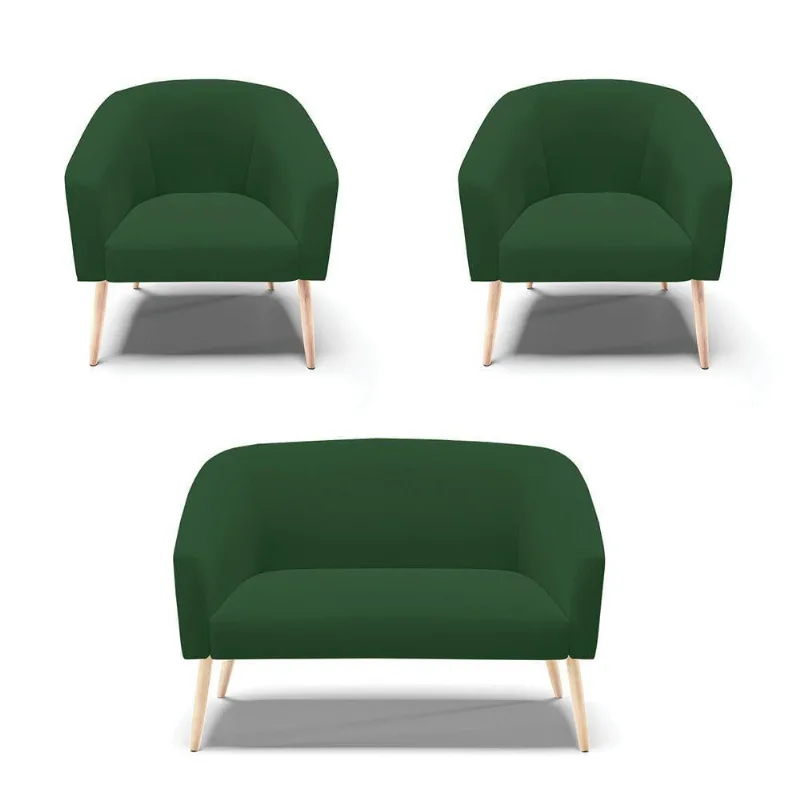 Kit 1 Namoradeira Pés Palito E 2 Poltronas Verde Madeira