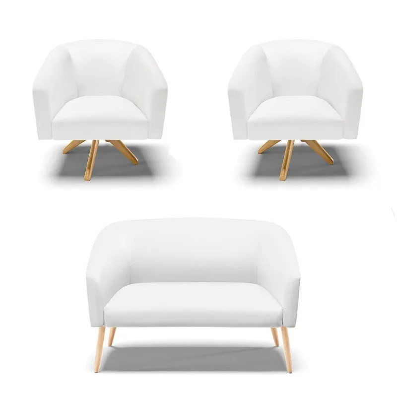 Kit 1 Namoradeira Pés Palito E 2 Poltronas Branco Madeira