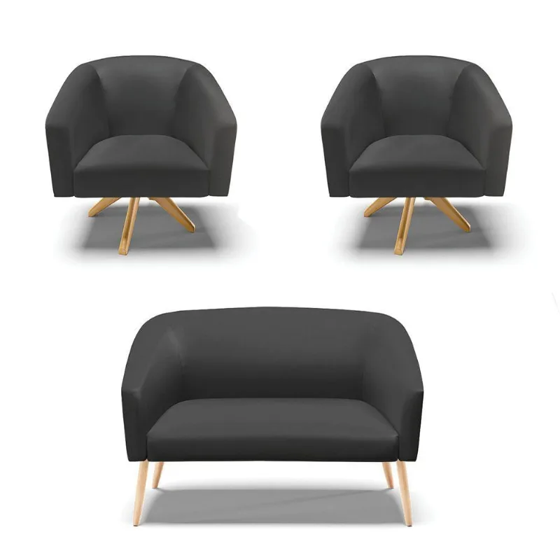 Kit 1 Namoradeira Pés Palito E 2 Poltronas Preto Madeira