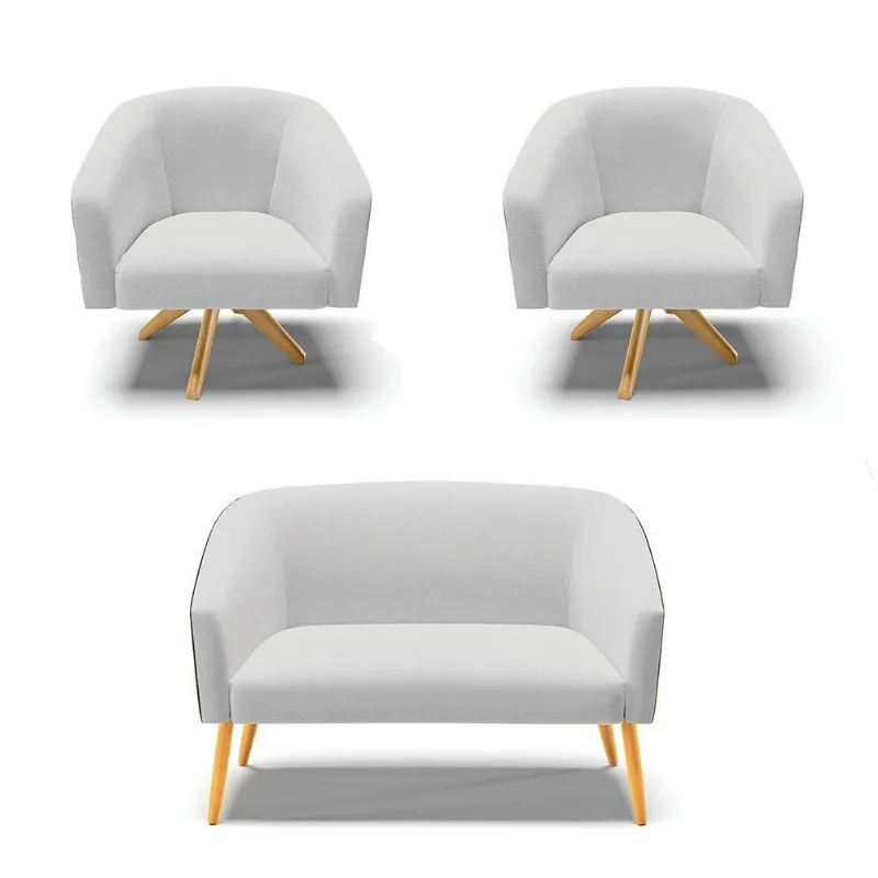 Kit 1 Namoradeira E 2 Poltronas Nozes Com Cinza A05 Madeira