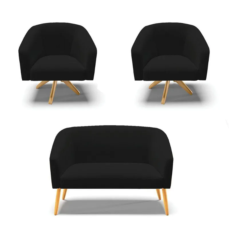 Kit 1 Namoradeira E 2 Poltronas Nozes Com Preto A79 Madeira