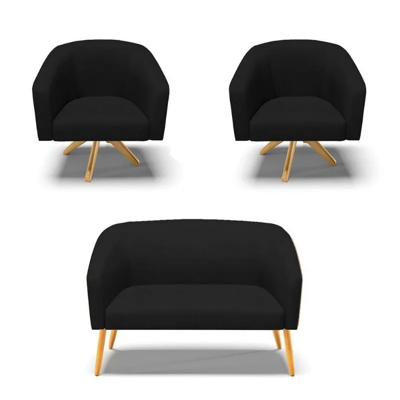 Kit 1 Namoradeira E 2 Poltronas Nozes Com Preto A81 Madeira