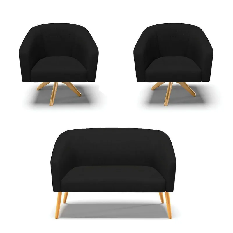 Kit 1 Namoradeira E 2 Poltronas Preto Com Preto A81 Madeira