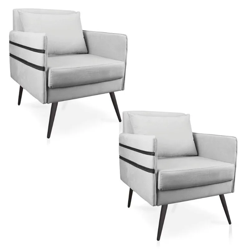 Kit 02 Poltronas Mari Suede Cinza Pés Palito De Ferro Preto
