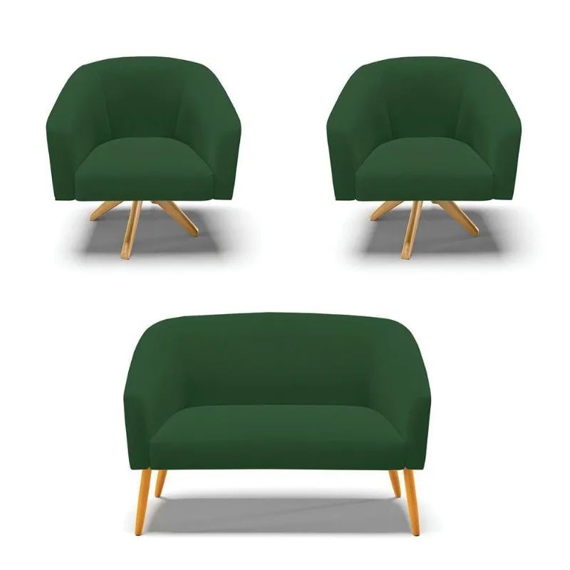 Kit 1 Namoradeira E 2 Poltronas Verde Base Madeira