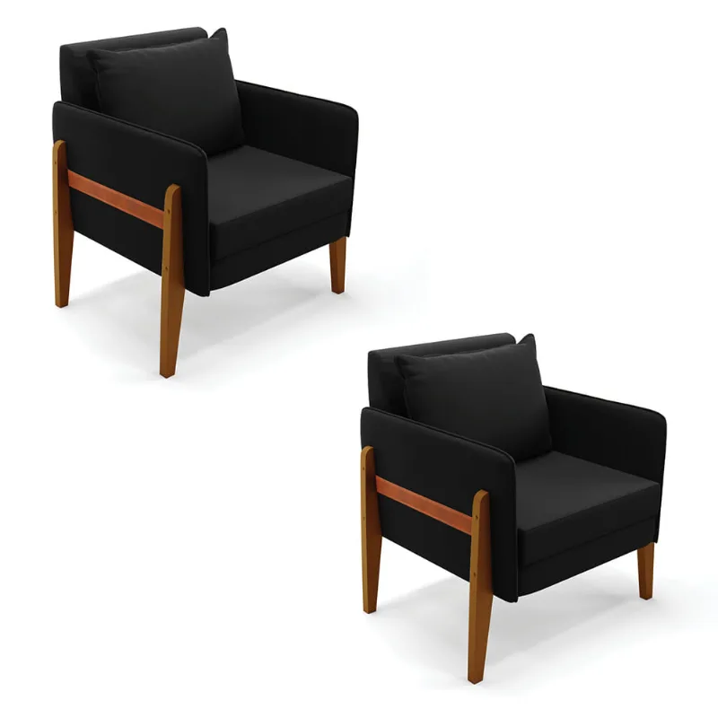 Kit 02 Poltronas Lana Suede Preto Base de Madeira - D'Rossi - DRossi