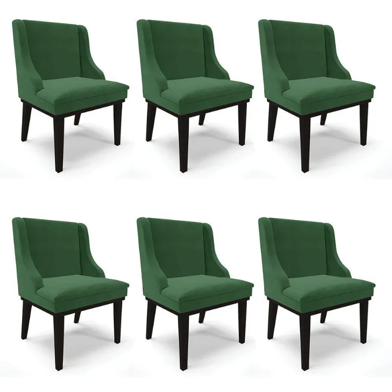 Kit 06 Cadeiras Liz Veludo Verde Base Fixa Madeira Preto - - DRossi