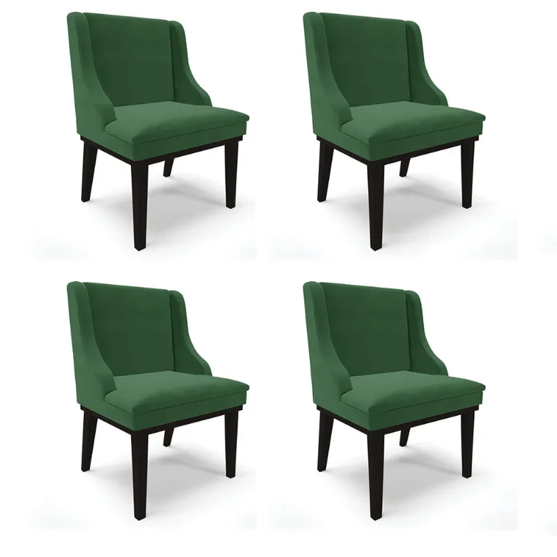 Kit 04 Cadeiras de Jantar Liz Veludo Base Fixa Madeira Preto - D'Rossi Verde - DRossi