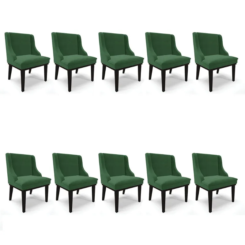 Kit 10 Cadeiras de Jantar Liz Veludo Base Fixa Madeira Preto - D'Rossi Verde - DRossi