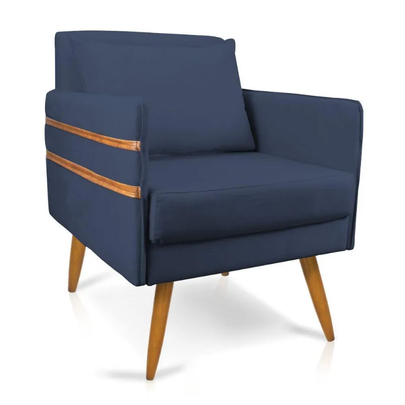 Poltrona Mari Suede Pés Palito Castanho D'Rossi Azul Marinho
