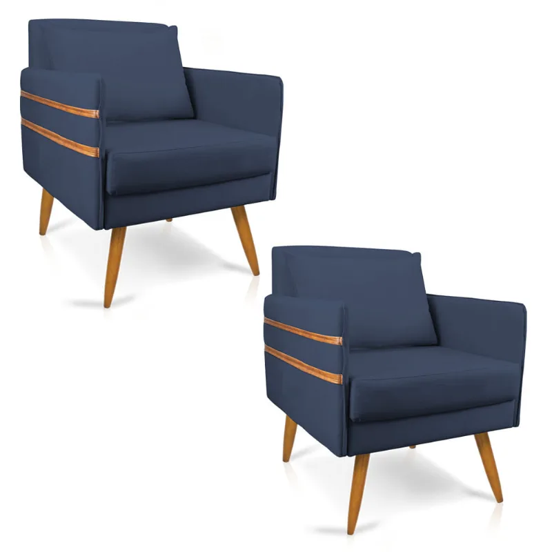 Kit 02 Poltronas Mari Suede Pés Palito Castanho - D'Rossi Azul Marinho - DRossi