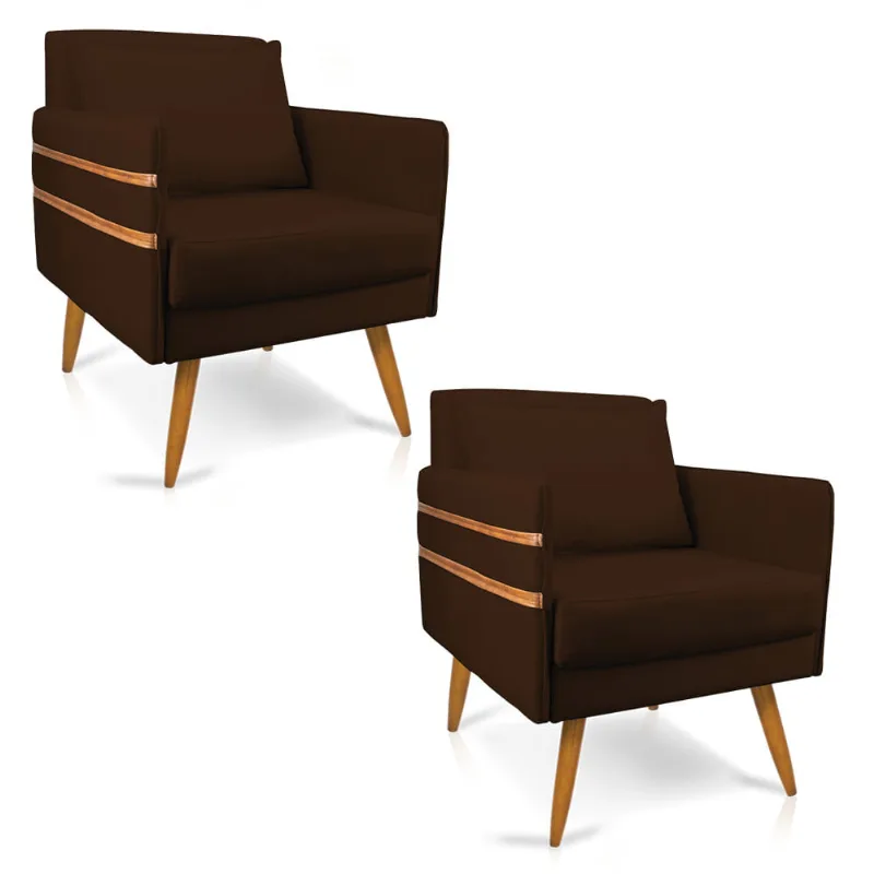Kit 02 Poltronas Mari Suede Pés Palito Castanho - D'Rossi Marrom - DRossi