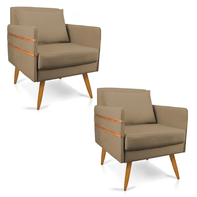 Kit 02 Poltronas Mari Suede Pés Palito Castanho - D'Rossi Marrom Rato - DRossi