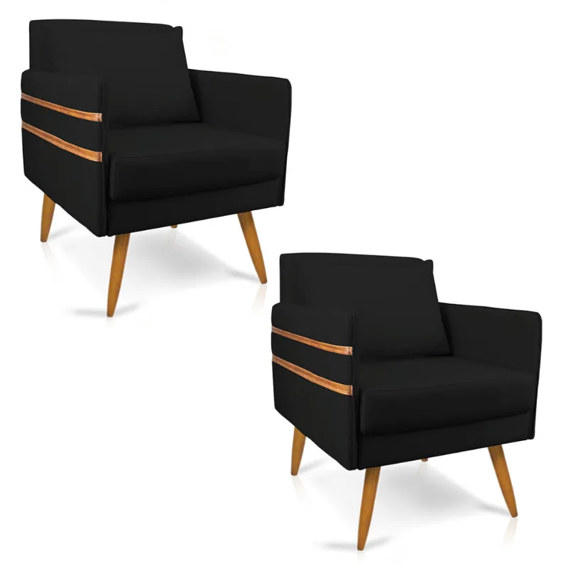 Kit 02 Poltronas Mari Suede Pés Palito Castanho - D'Rossi Preto - DRossi