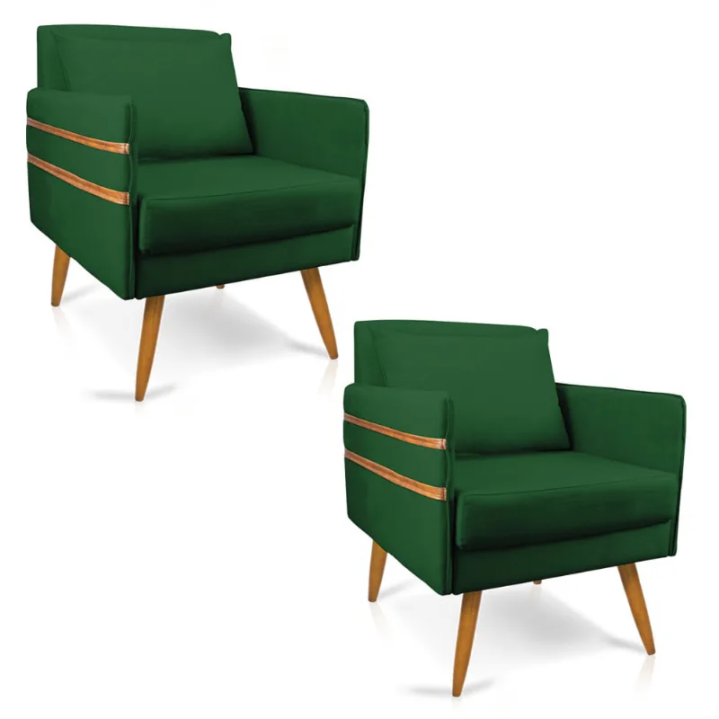 Kit 02 Poltronas Mari Suede Pés Palito Castanho - D'Rossi Verde - DRossi