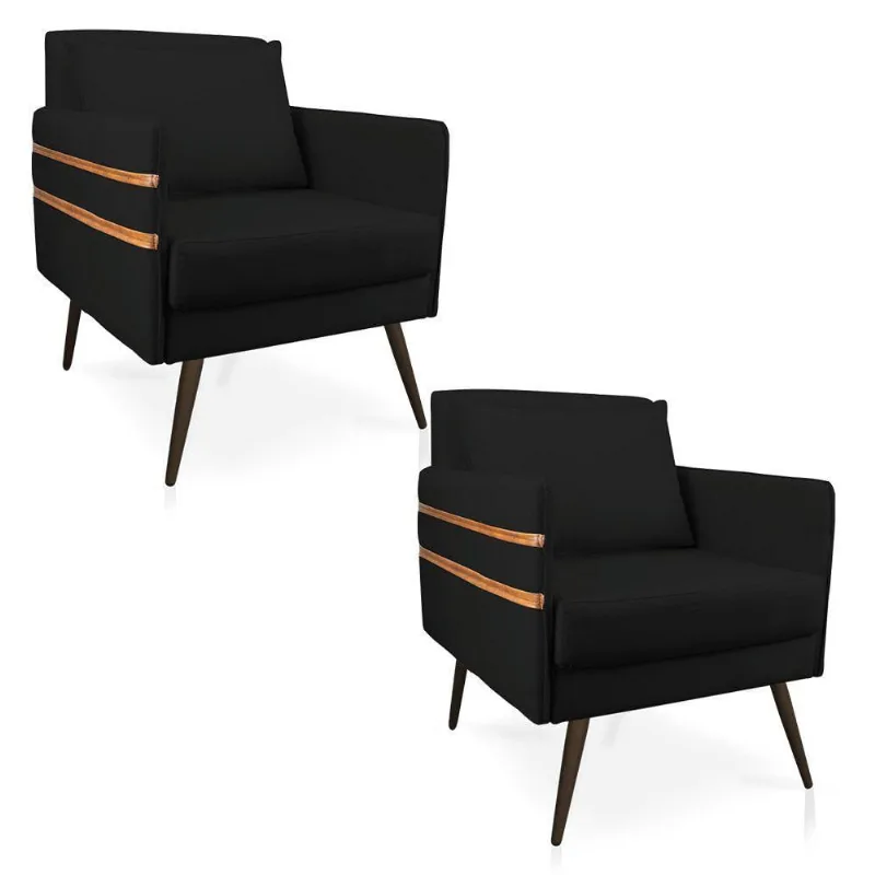 Kit 02 Poltronas Mari Suede Pés Palito De Ferro Marrom Preto