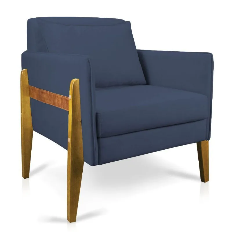 Poltrona Lana Suede Base De Madeira - D'Rossi Azul Marinho