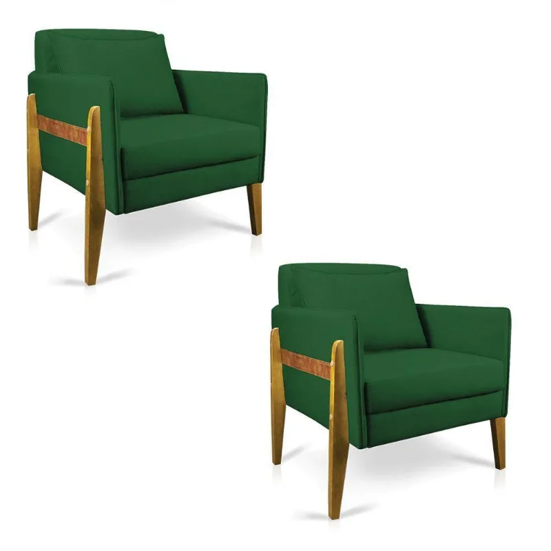 Kit 02 Poltronas Lana Suede Base De Madeira - D'Rossi Verde