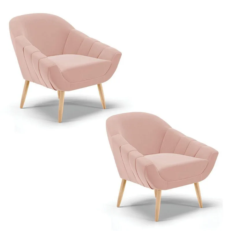 Kit 02 Poltronas Giovana Veludo Rosê Pés Palito Natural D03 - D'rossi - DRossi