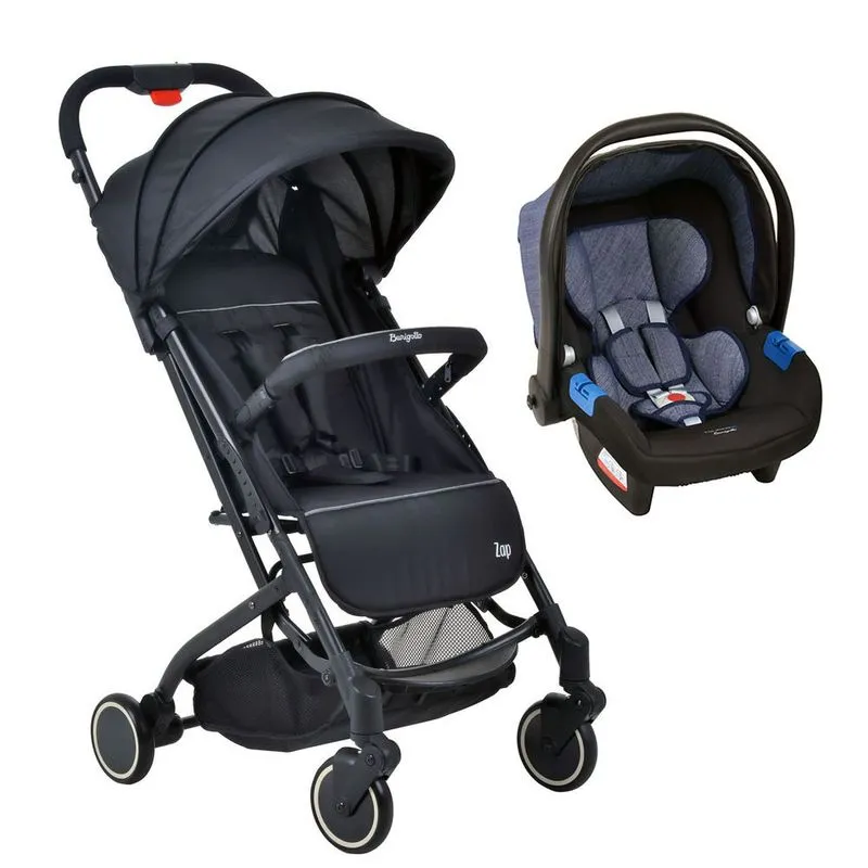 Travel System Burigotto Carrinho De Bebê Zap Preto Com Bebê Conforto Touring X Azul Mesclado