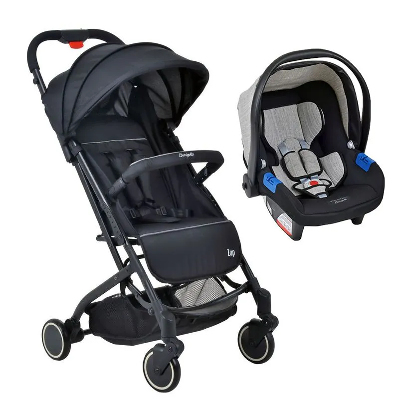 Travel System Burigotto Carrinho De Bebê Zap Preto Com Bebê Conforto Touring X Cinza Mesclado