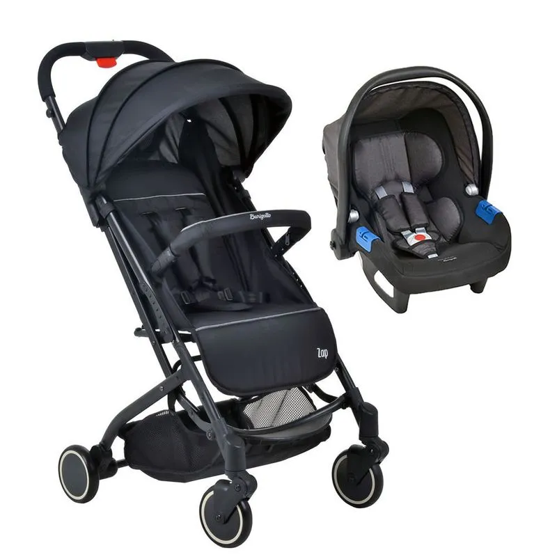 Travel System Burigotto Carrinho De Bebê Zap Preto Com Bebê Conforto Touring X Cinza Escuro