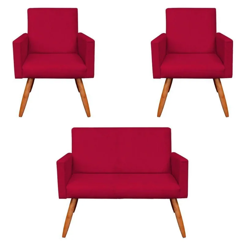 Kit 2 Poltronas e Namoradeira Nina Suede Vermelho