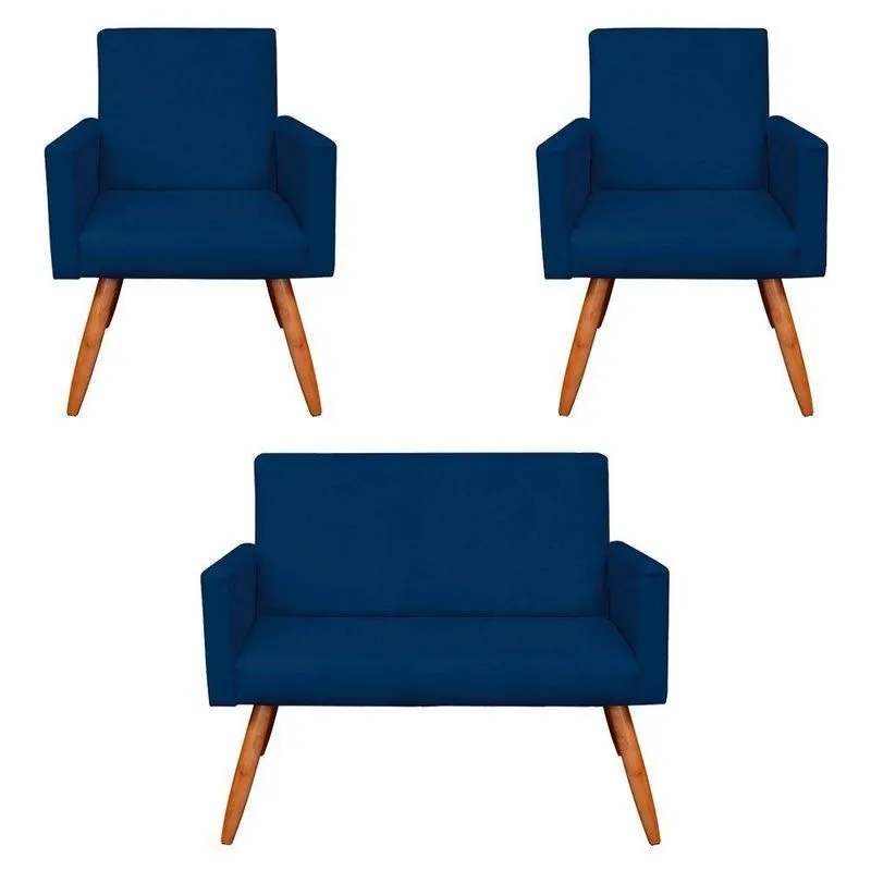 Kit 2 Poltronas E Namoradeira Nina Suede Azul Marinho