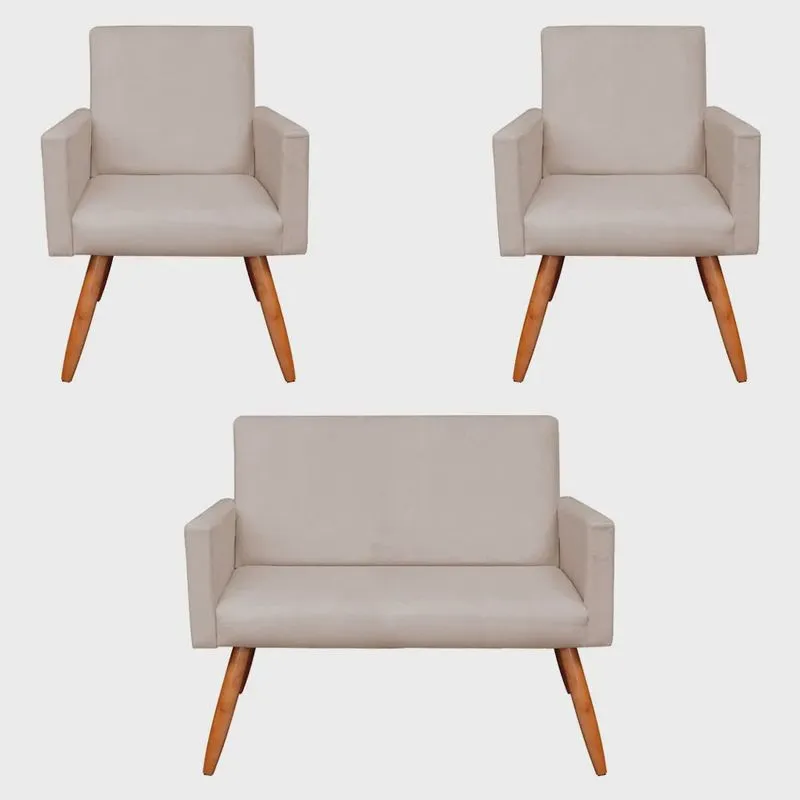 Kit 2 Poltronas e Namoradeira Nina Suede Pés Palito Castanho - Pallazio