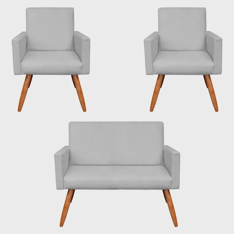 Kit 2 Poltronas e Namoradeira Nina Suede Pés Palito Castanho - Pallazio