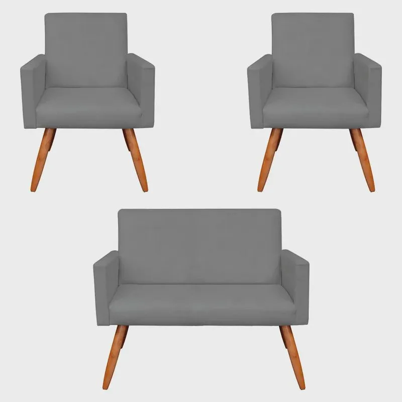 Kit 2 Poltronas e Namoradeira Nina Suede Pés Palito Castanho - Pallazio