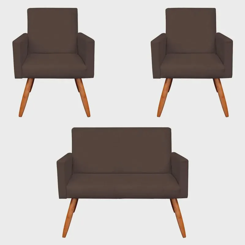 Kit 2 Poltronas e Namoradeira Nina Suede Pés Palito Castanho - Pallazio