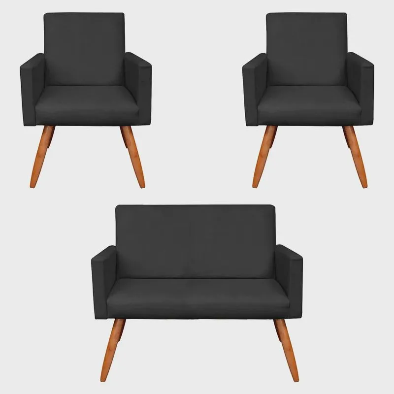Kit 2 Poltronas e Namoradeira Nina Suede Pés Palito Castanho - Pallazio