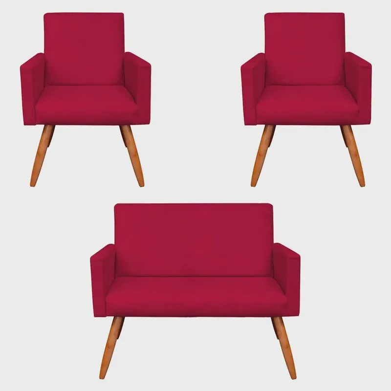 Kit 2 Poltronas e Namoradeira Nina Suede Pés Palito Castanho - Pallazio