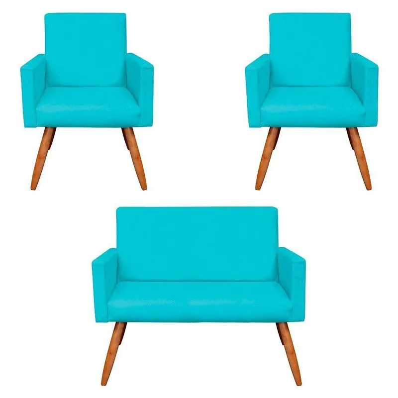Kit 2 Poltronas E Namoradeira Nina Suede Azul Turquesa