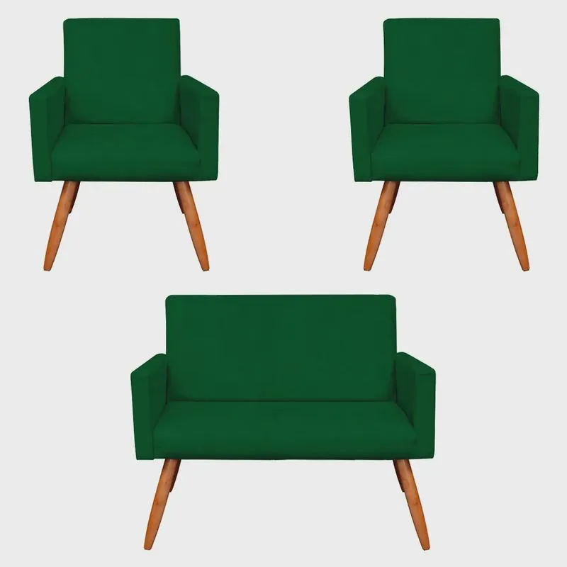 Kit 2 Poltronas e Namoradeira Nina Suede Pés Palito Castanho - Pallazio
