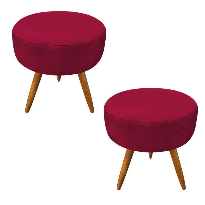 Kit 2 Puffs Banqueta Redonda Nina Suede Vermelho