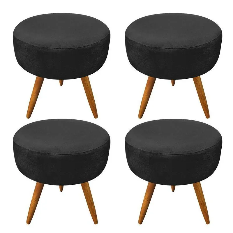 Kit 4 Puffs Banqueta Redonda Nina Suede Preto