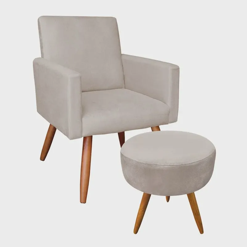 Kit Poltrona e Puff Banqueta Redonda Nina Suede Bege Pés Palito Castanho - Pallazio
