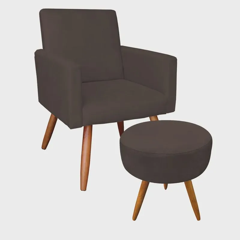 Kit Poltrona e Puff Banqueta Redonda Nina Suede Marrom Pés Palito Castanho - Pallazio