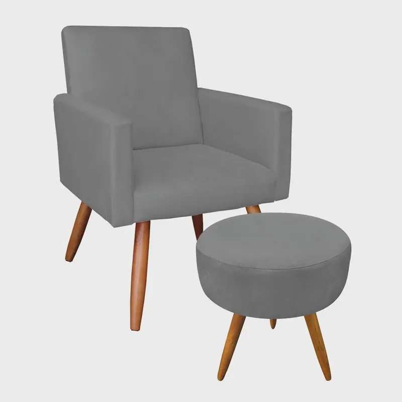 Kit Poltrona e Puff Banqueta Redonda Nina Suede Pés Palito Castanho - Pallazio