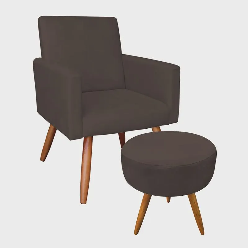 Kit Poltrona e Puff Banqueta Redonda Nina Suede Pés Palito Castanho - Pallazio