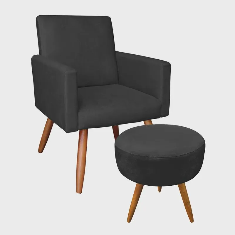 Kit Poltrona e Puff Banqueta Redonda Nina Suede Pés Palito Castanho - Pallazio