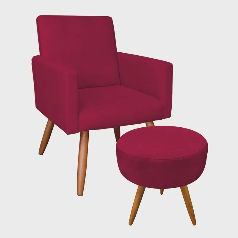 Kit Poltrona e Puff Banqueta Redonda Nina Suede Pés Palito Castanho - Pallazio
