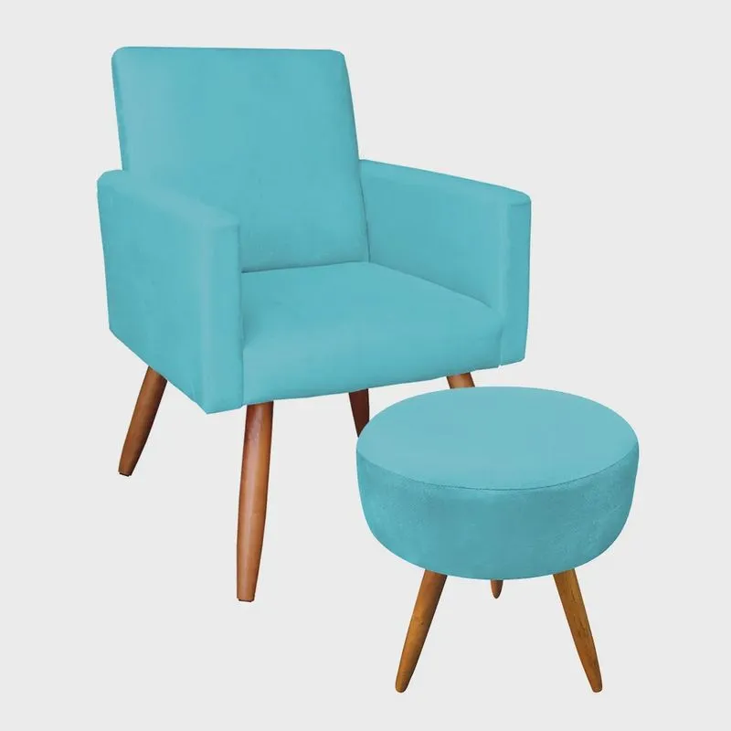 Kit Poltrona e Puff Banqueta Redonda Nina Suede Pés Palito Castanho - Pallazio