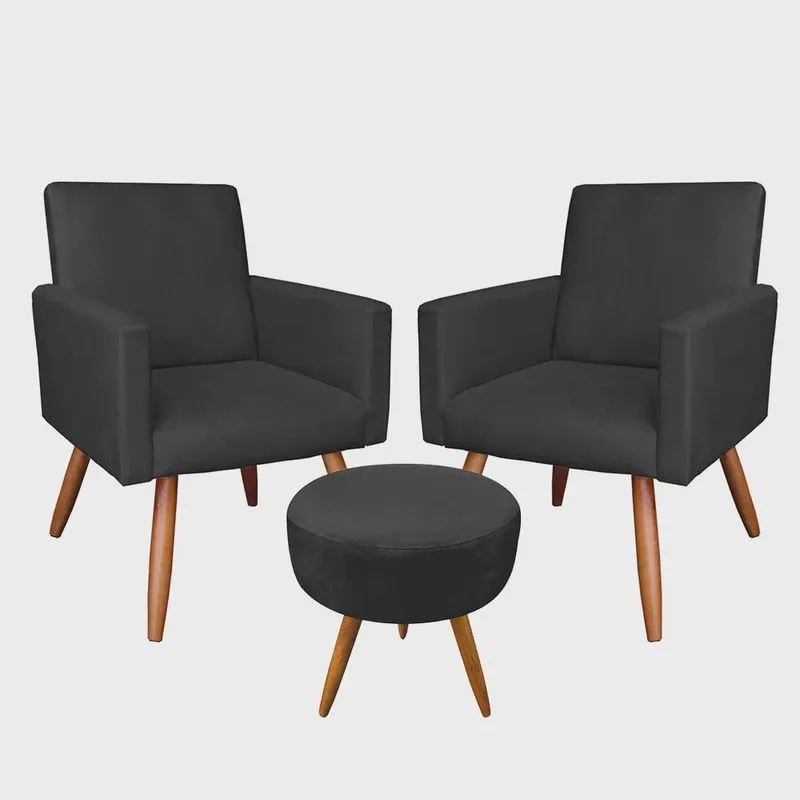 Kit 2 Poltronas e Puff Banqueta Redonda Nina Suede Preto Pés Palito Castanho - Pallazio